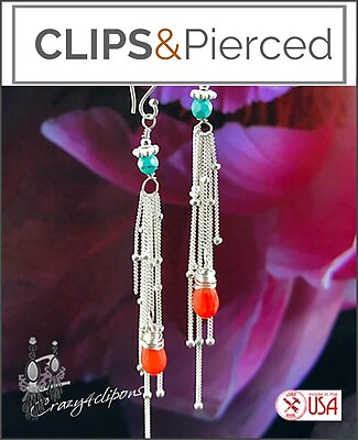 Long Clip Earrings with Sterling Silver, Coral, and Turquoise Tassels