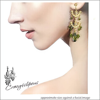 Luxurious Green & Gold Filigree: Dangle Clip Earrings